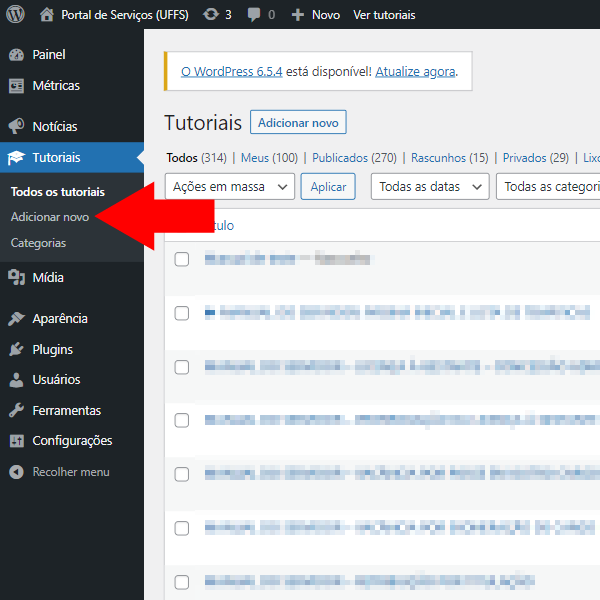 Tela na qual aparece o comando para adição de novo tutorial no WordPress.