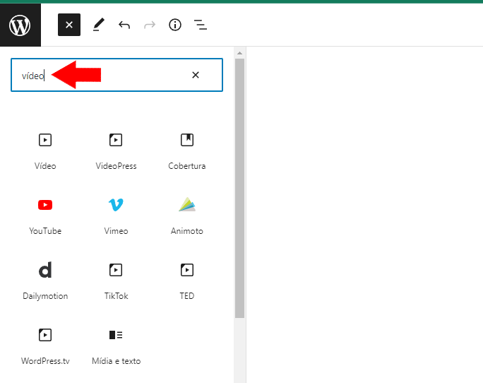 Diferentes opções para inserção de vídeos.